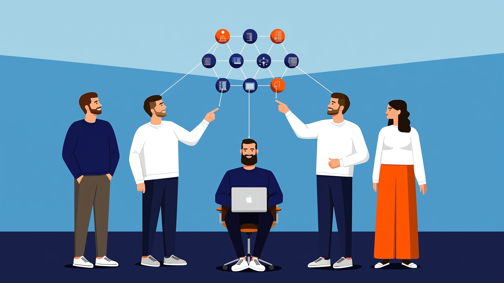 A flat vector illustration representing brand discovery signals and AI search infrastructure in 2026.