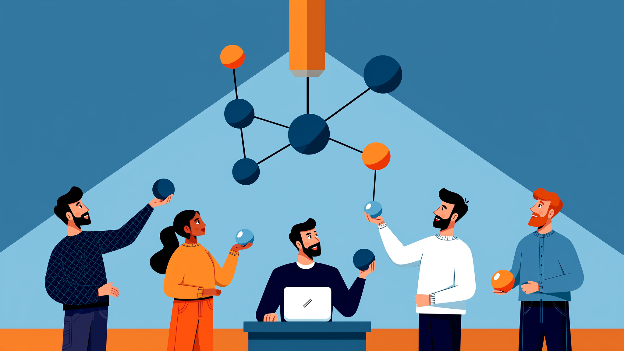 Minimalist flat vector illustration representing generative engine optimization and AI data synthesis with brand colors.