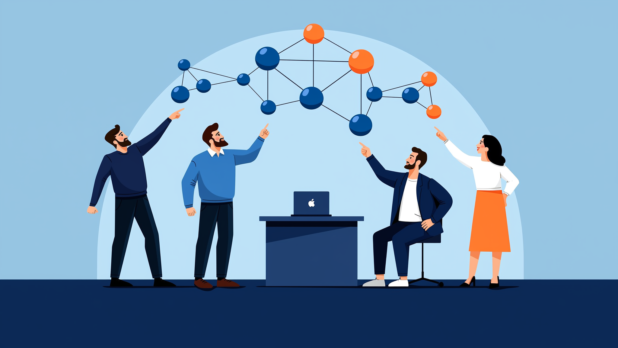 Abstract flat vector illustration of a digital roadmap for AI agents with markdown elements and geometric nodes in brand blue and orange.