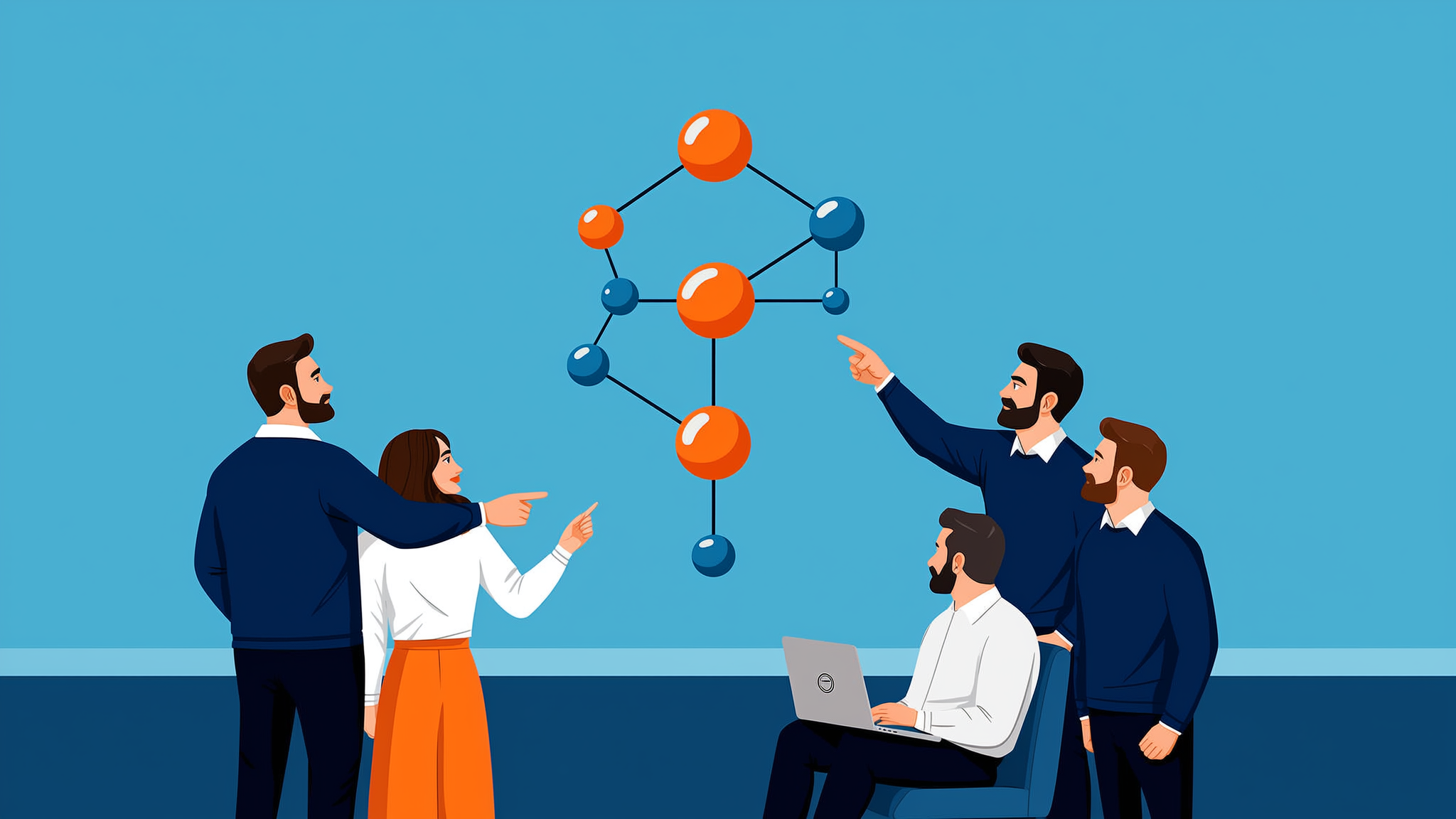 A flat vector illustration representing an AI answer monitoring strategy with data visualization nodes and brand visibility metrics.