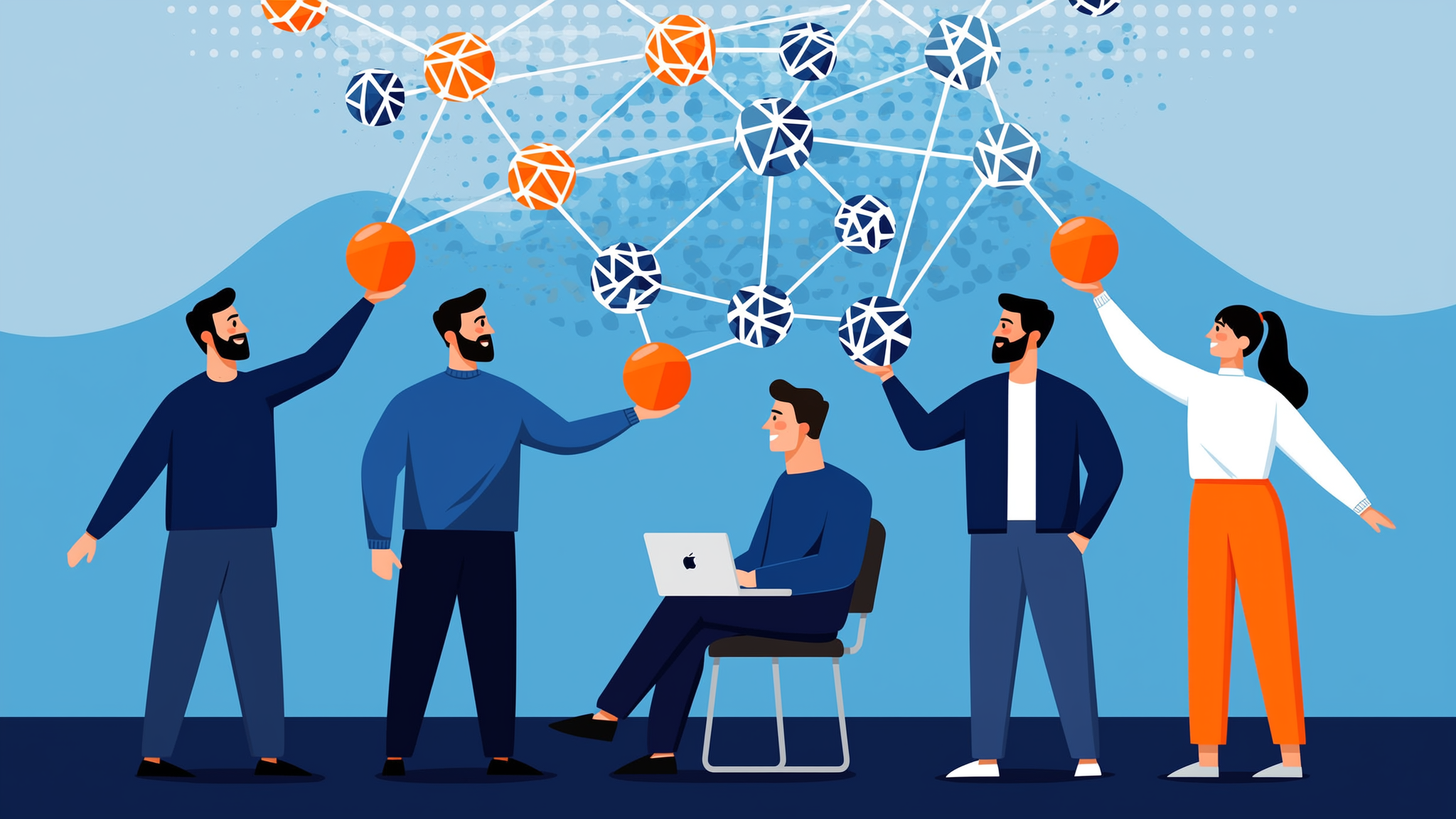 Minimalist flat vector illustration representing brand visibility in an AI-driven digital network with blue and orange accents.