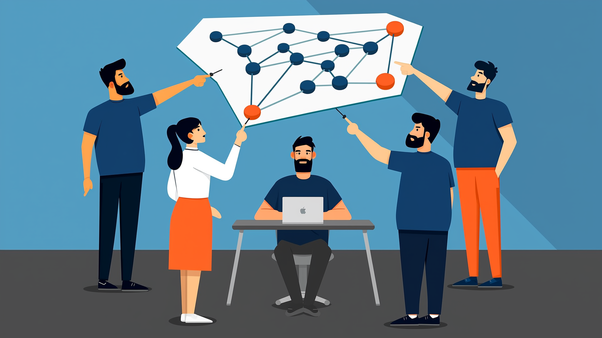 Flat vector illustration of AI brand mention analysis and data network in a modern 2026 digital landscape.