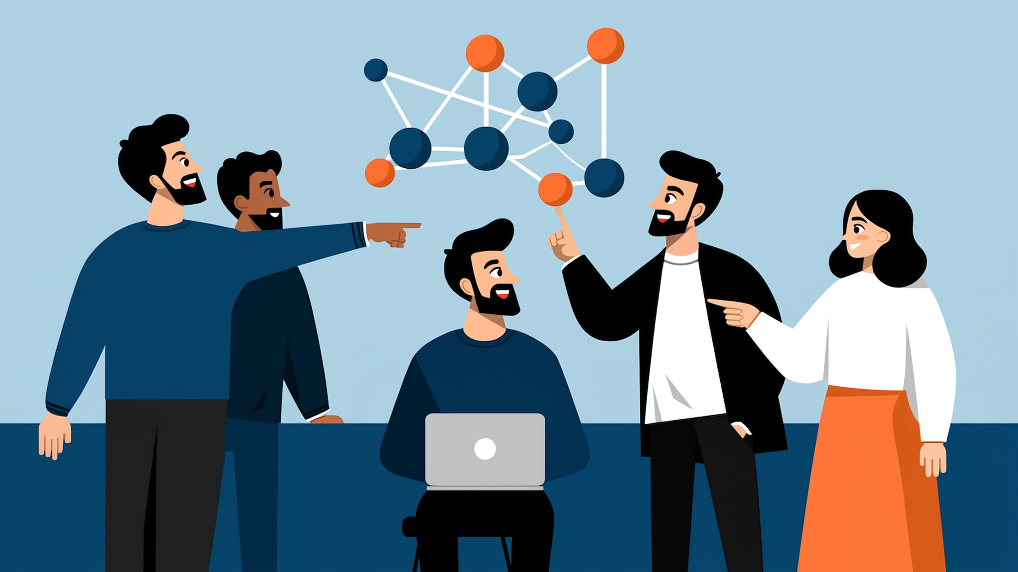 Flat vector illustration showing AI search engines citing a central brand source of truth in 2026.