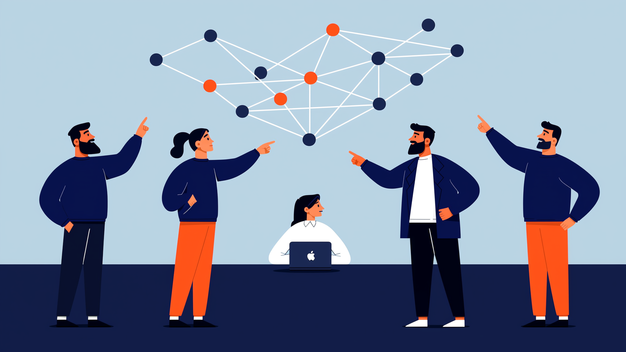 A modern flat vector illustration showing the transition from traditional list-based search to a complex network of AI-driven generative data nodes in brand blue and orange.