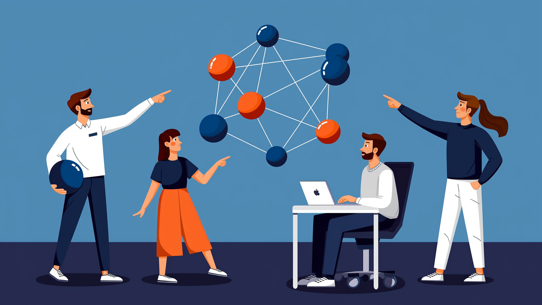 A flat 2D illustration showing a brand name as a central node in an interconnected AI citation network, symbolizing brand authority and Generative Engine Optimization.