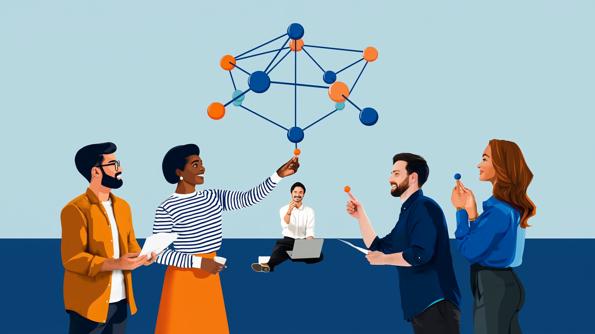 Abstract flat vector illustration showing enterprise AI search validation and semantic data verification using Plurank brand colors.