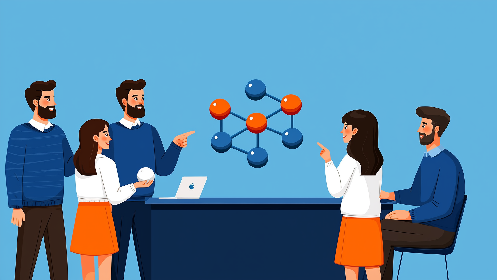 A flat vector illustration showing abstract data points converging into a synthesized AI answer, in brand blue and orange colors.