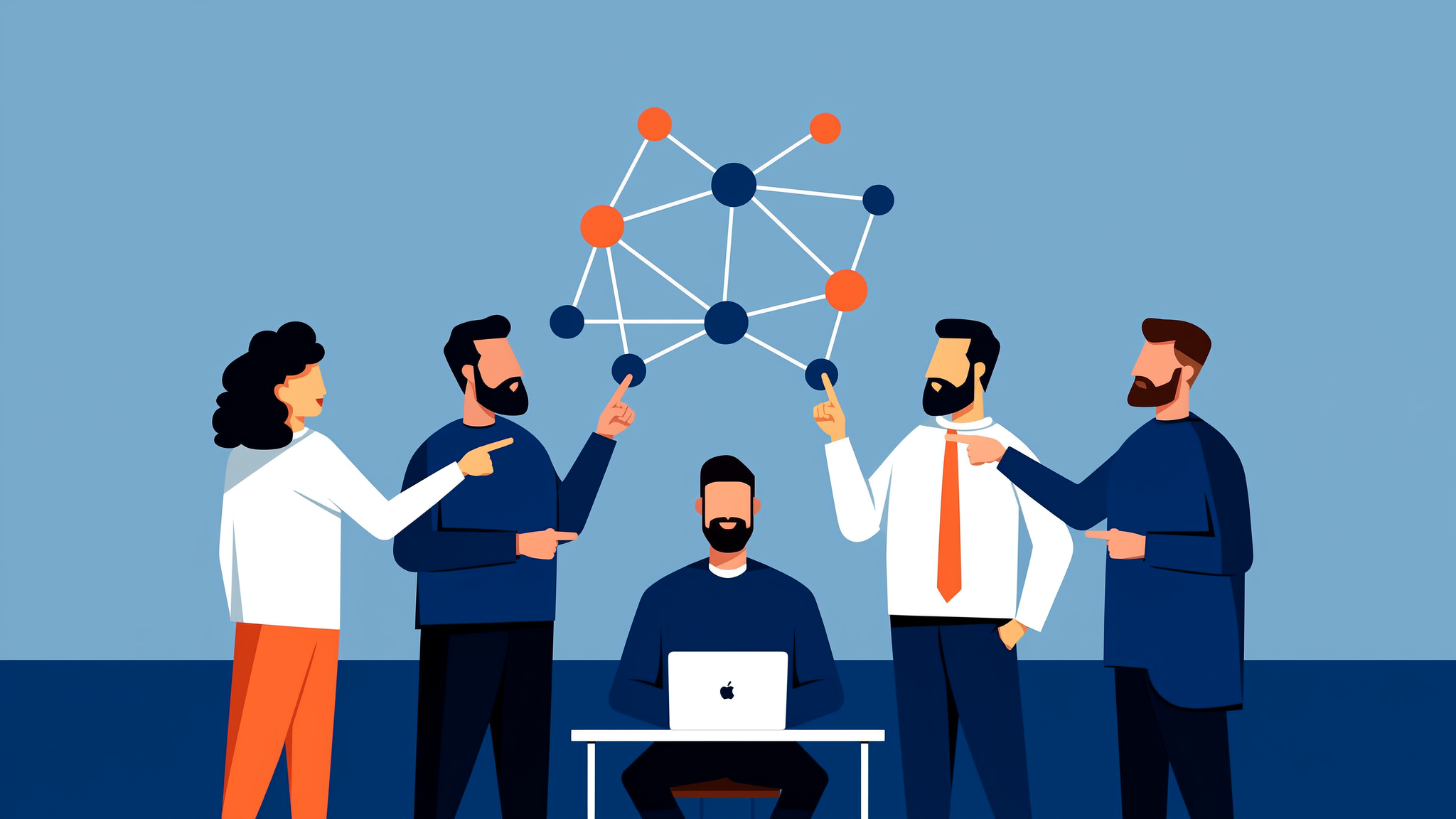 A flat vector illustration representing AI answer analytics and generative search visibility with interconnected data nodes in brand blue and orange colors.