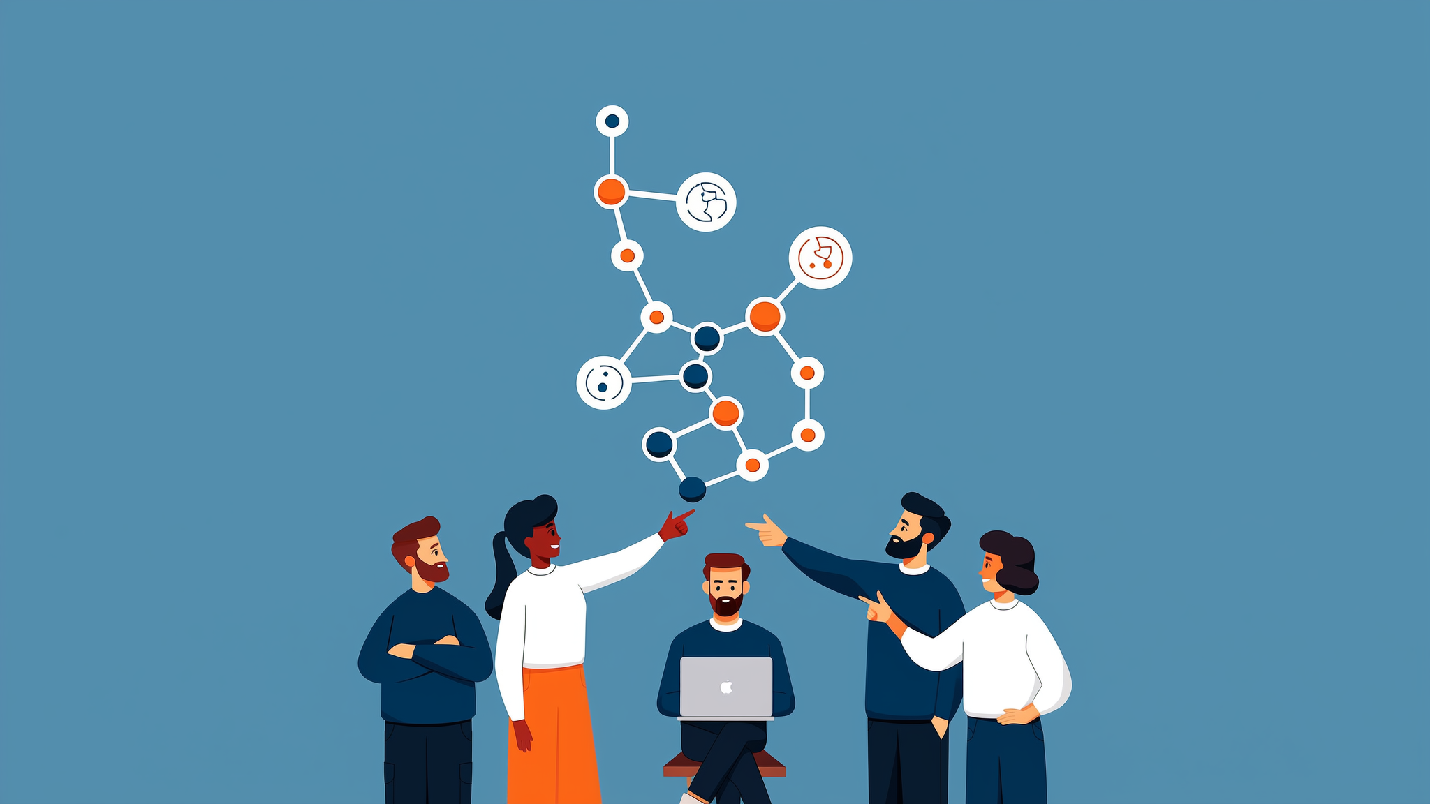 A strategic flat vector illustration showing abstract AI signals and data conversion in a modern B2B context.