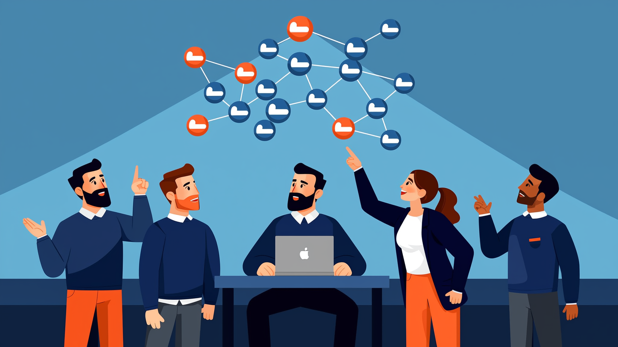 A flat vector illustration representing AI search marketing data and generative engine optimization in a modern 2026 office setting.