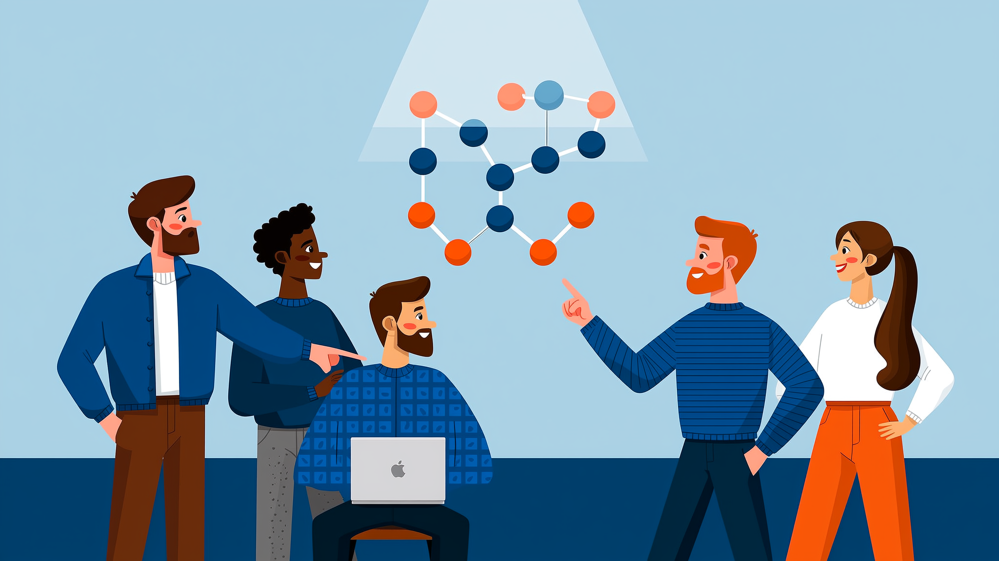 Flat vector illustration of a brand citation network for Generative Engine Optimization in blue and orange.