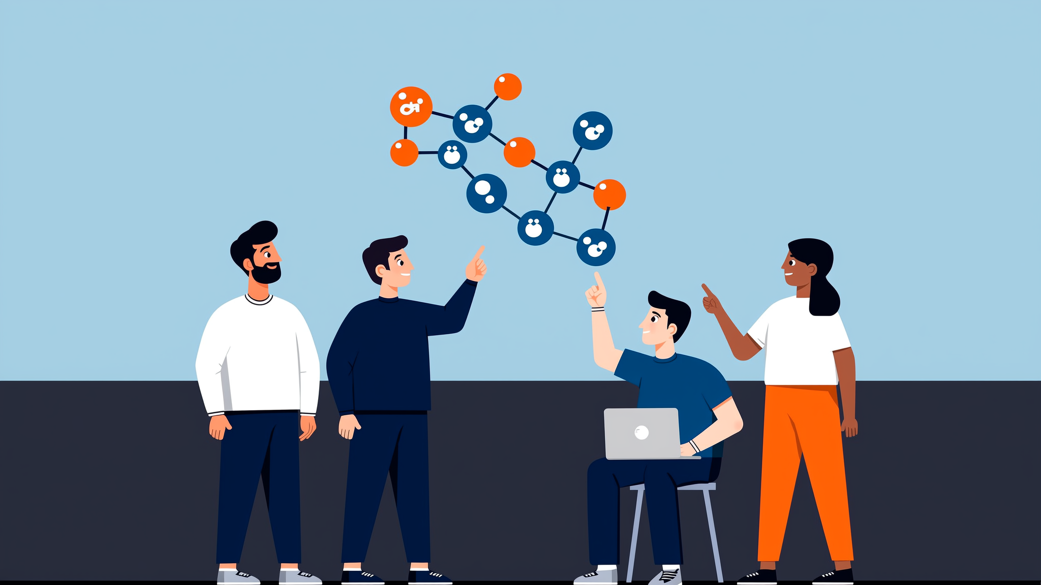 Abstract flat vector illustration of a data-driven LLM search marketing platform connecting brand data to generative AI engines.